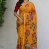 Linen Digital Print saree With Blouse(Yellow Colour)