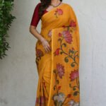 Linen Digital Print saree With Blouse(Yellow Colour)