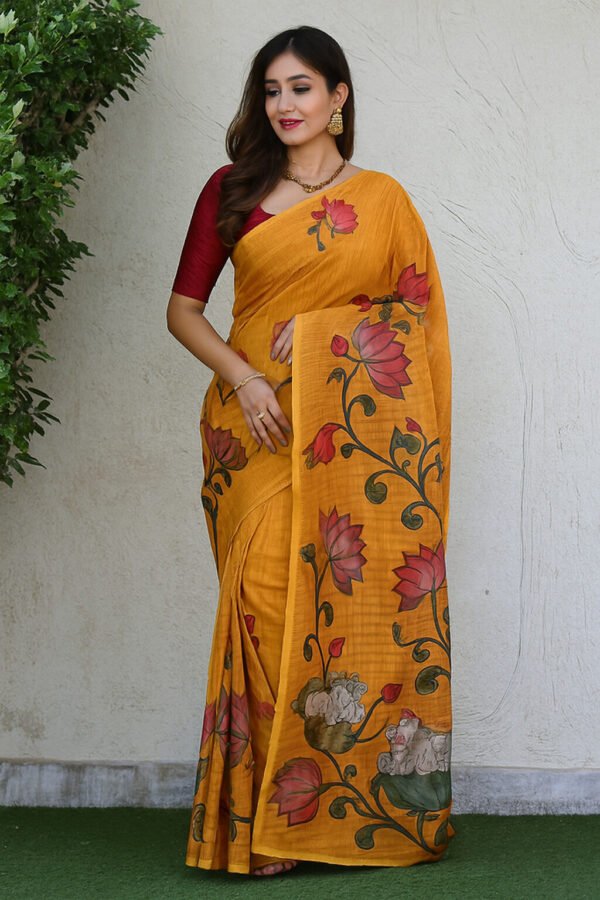 Linen Digital Print saree With Blouse(Yellow Colour)