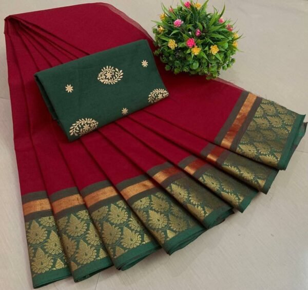 80's Count Chettinad Cotton Saree With Kalamkari Blouse(Red colour)