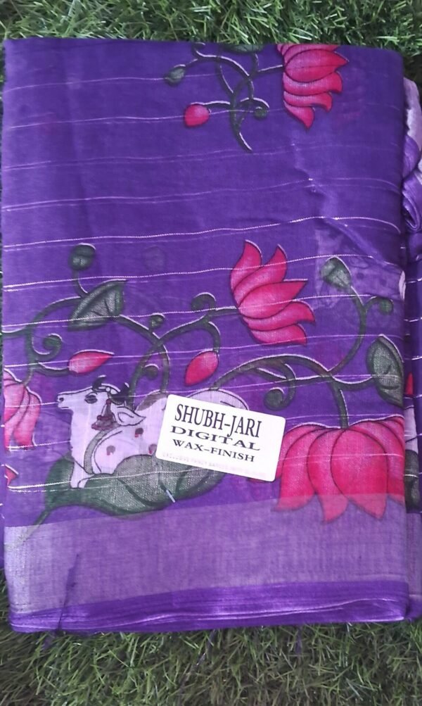 Linen Digital Saree With Blouse(Purple Colour)