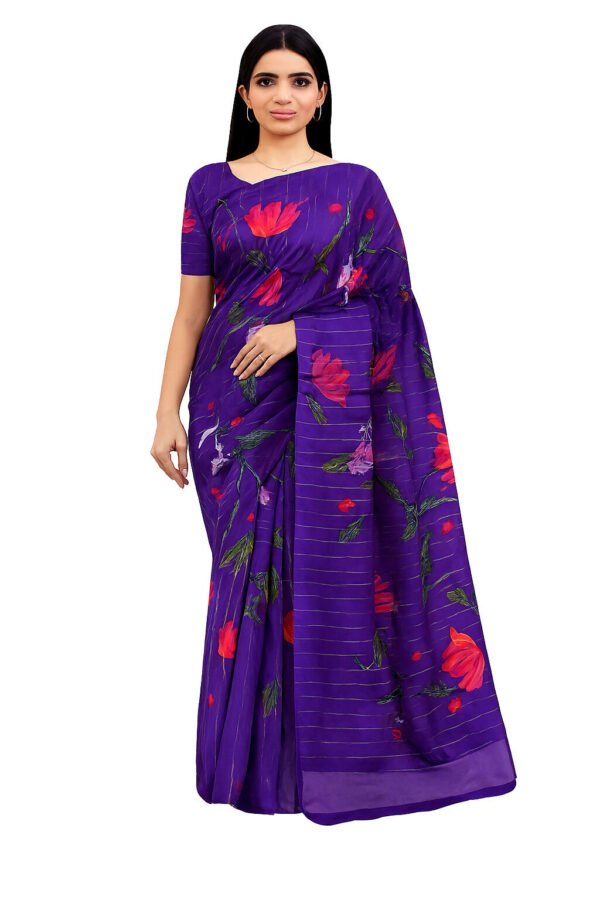 Linen Digital Saree With Blouse(Purple Colour)