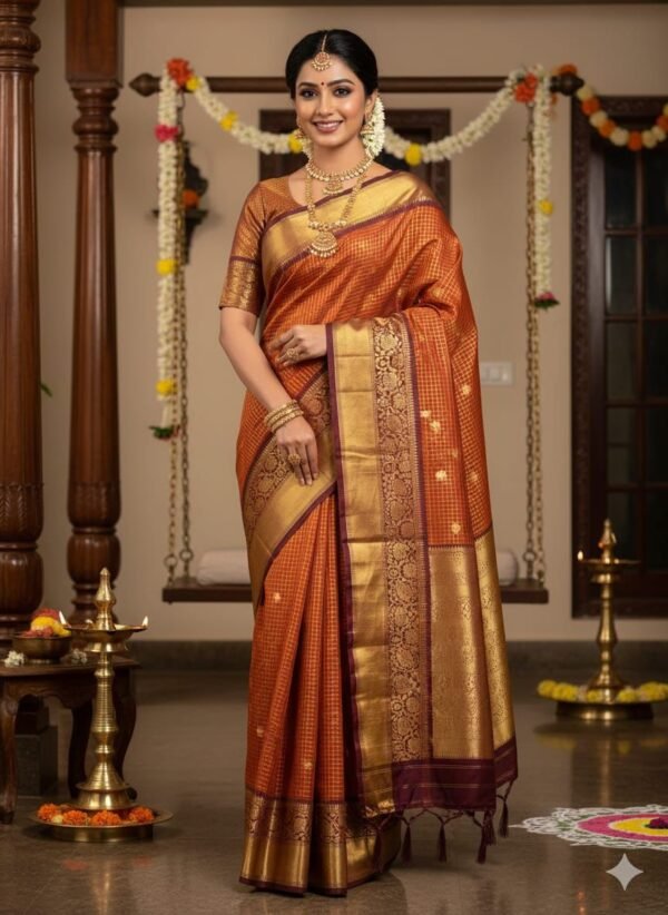 Semi Kanchi Silk Saree(Orange Colour)