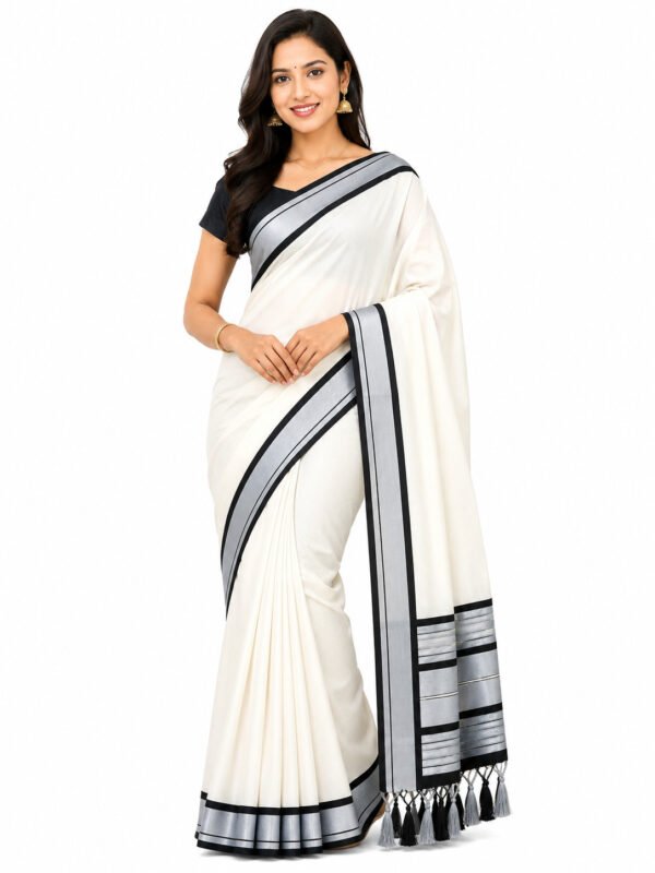 Kerala Cotton Saree with Silver Colour Border