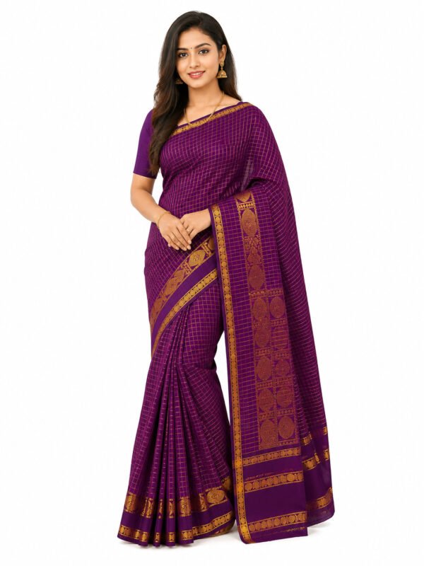 Kalyani Cotton Checked Saree (Purple Colour)