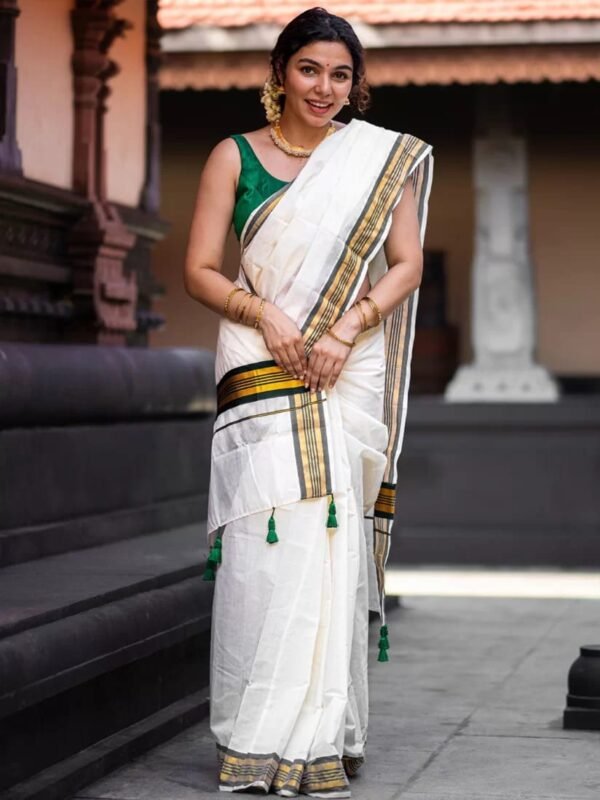 Kerala Cotton Saree with Green Colour Border