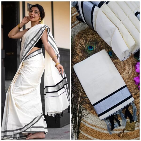 Kerala Cotton Saree with Silver Colour Border