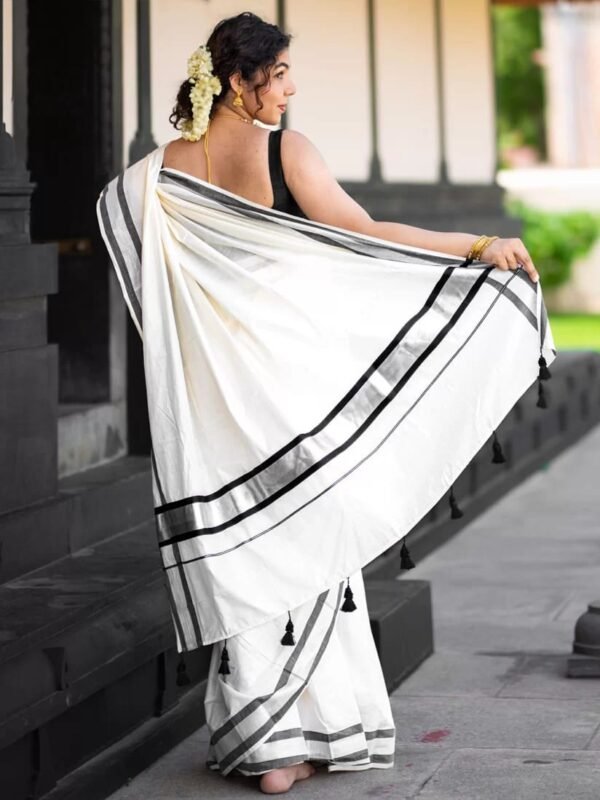 Kerala Cotton Saree with Silver Colour Border
