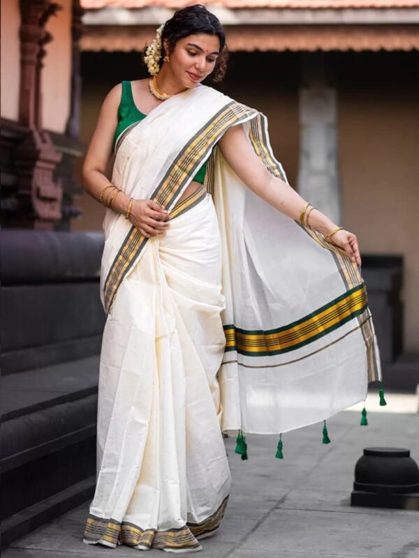 Kerala Cotton Saree with Green Colour Border