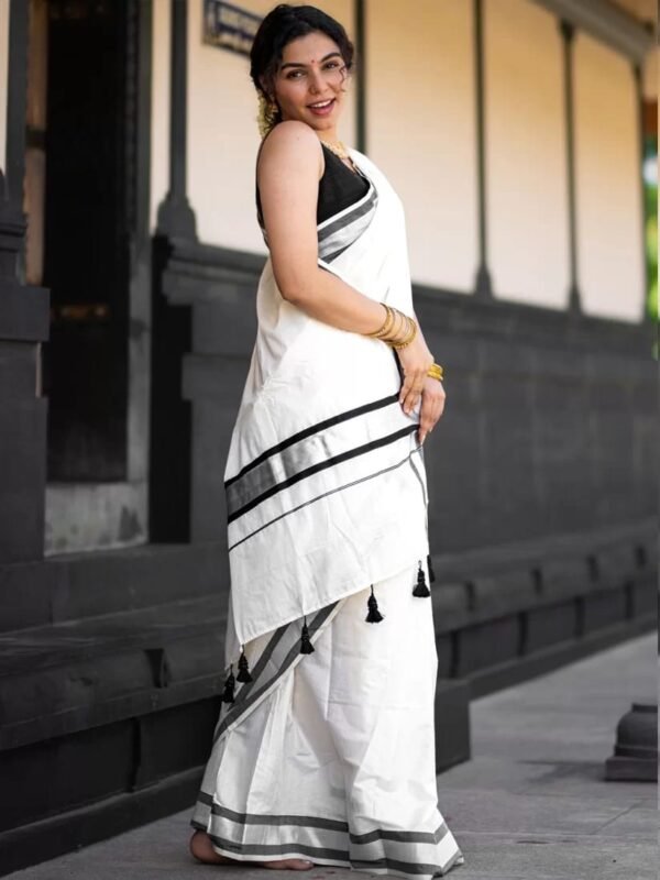 Kerala Cotton Saree with Silver Colour Border