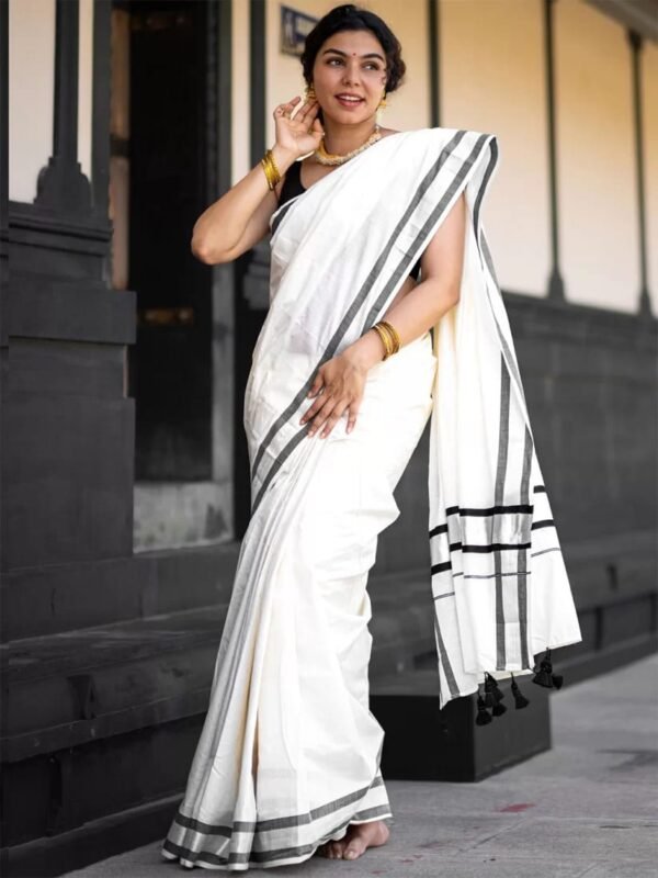 Kerala Cotton Saree with Silver Colour Border