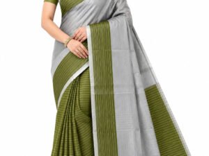 Trending Checked Cotton Saree with silver jari lines (Mehandi Green)