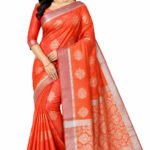 Fancy Monica Silk Cotton Saree With Blouse(Orange Colour)