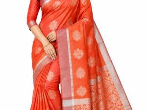 Fancy Monica Silk Cotton Saree With Blouse(Orange Colour)