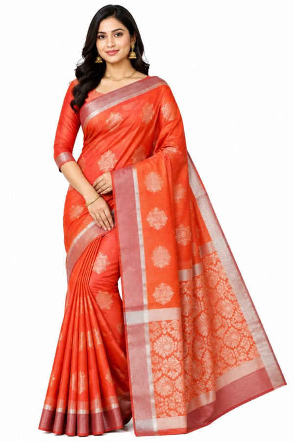 Fancy Monica Silk Cotton Saree With Blouse(Orange Colour)