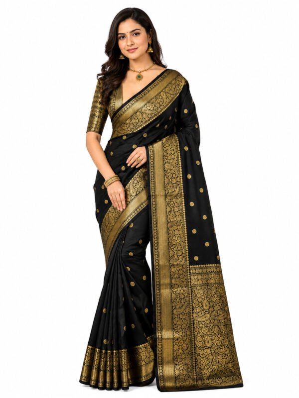Instagram Trending Banarasi Semi Katan Semi Silk Saree With Brocade Blouse(Black Colour)