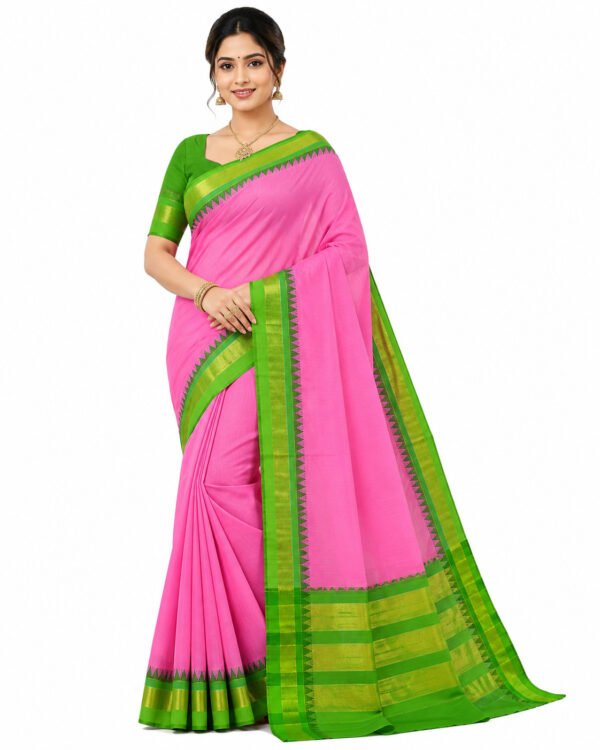 Korvai Silk Monika Cotton Saree with Blouse (Pink Colour)