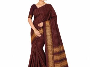 Korvai Chettinad Cotton Rettapet Border Saree with Blouse (Coffee Brown Colour)