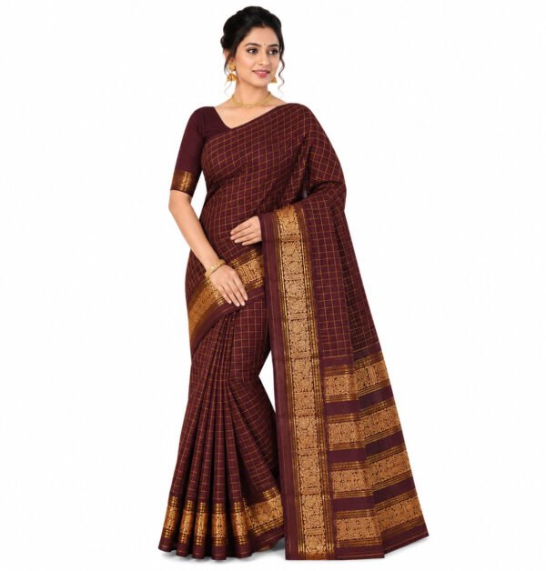 Korvai Chettinad Cotton Rettapet Border Saree with Blouse (Coffee Brown Colour)