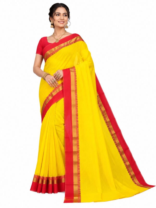 Korvai Silk Monika Cotton Saree with Contrast Blouse (Mango Yellow Colour)