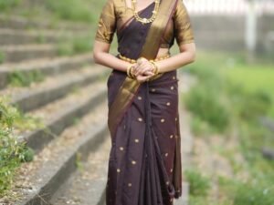 Instagram Most Trending Banarasi Semi Katan Semi Silk Saree Brocade blouse(Coffee Brown Colour)