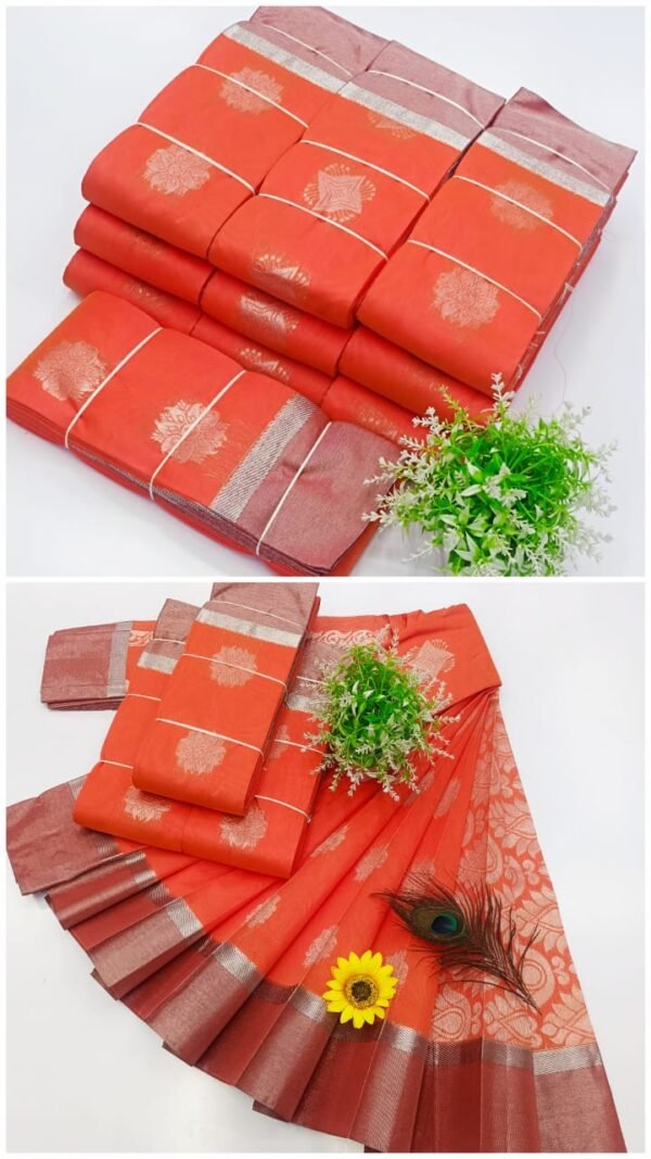 Fancy Monica Silk Cotton Saree With Blouse(Orange Colour)