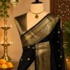 Instagram Trending Banarasi Semi Katan Semi Silk Saree With Brocade Blouse(Black Colour)