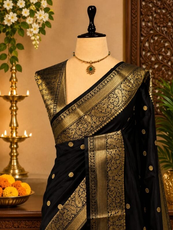 Instagram Trending Banarasi Semi Katan Semi Silk Saree With Brocade Blouse(Black Colour)
